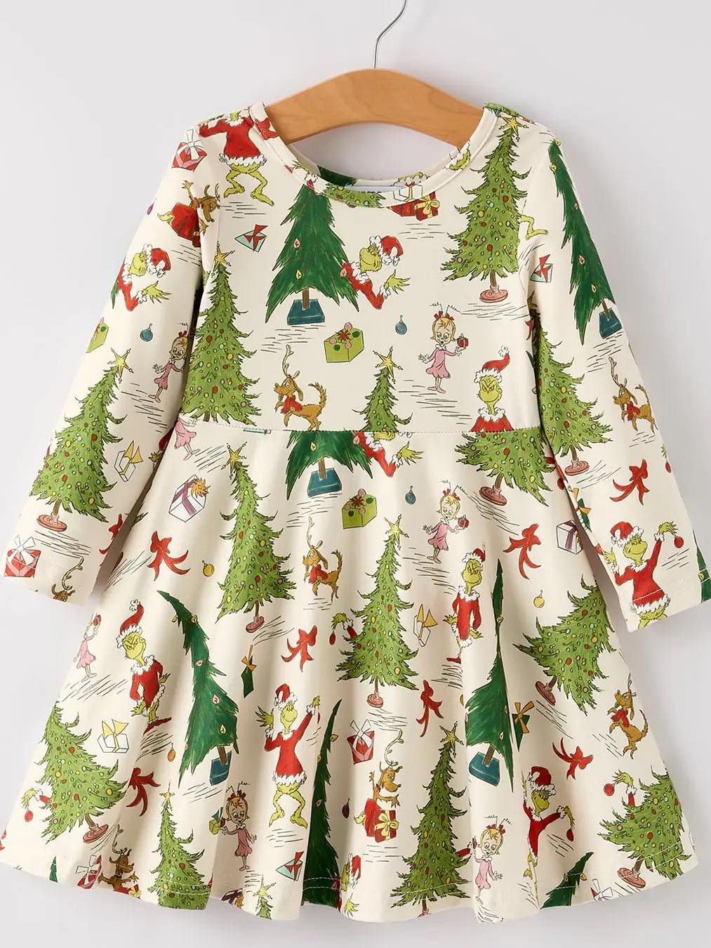 (Custom Design Preorder MOQ 5 ) Green Forg Tree Print Girls Christmas Knee Length Dress