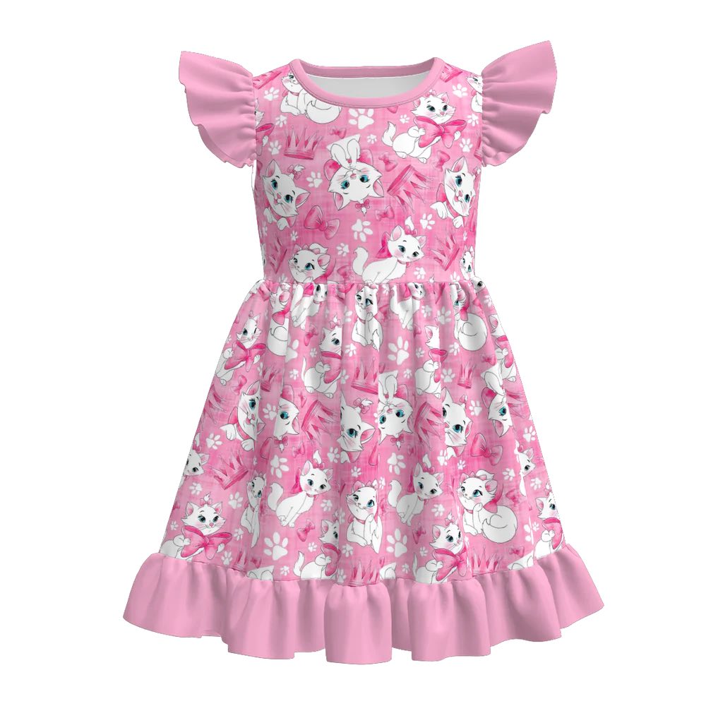 (Custom Design Preorder MOQ 5) Cartoon Cat Pink Print Girls Summer Knee Length Dress