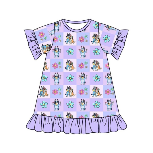 (Custom Design Preorder MOQ 5)  Cartoon Dog Purple Print Girls Knee Length Dress