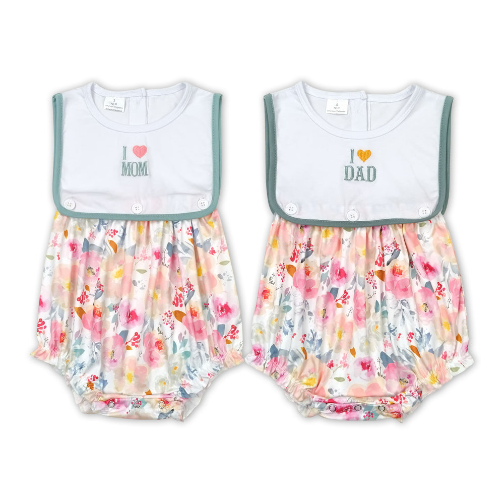 I LOVE DAD& MOM Embroidery Flowers Print Baby Girls Summer Buttons Romper Sisters Wear