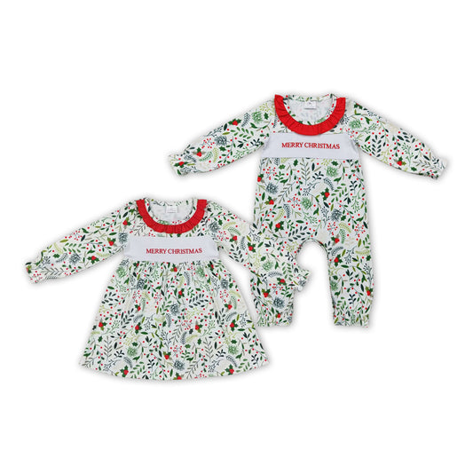 Merry Christmas Embroidery Holly Print Sister Matching Clothes