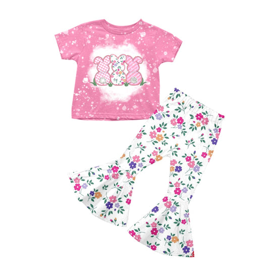 (Custom Design Preorder MOQ 5) Pink Flowers Print Girls Bell Pants Easter Clothes Set