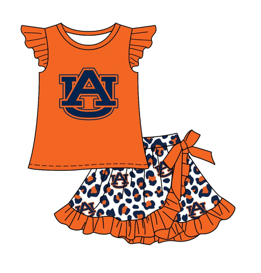 (Custom Design Preorder MOQ 5) Team's Auburn Leopard Print Skirts Shorts Girls Summer Clothes Set