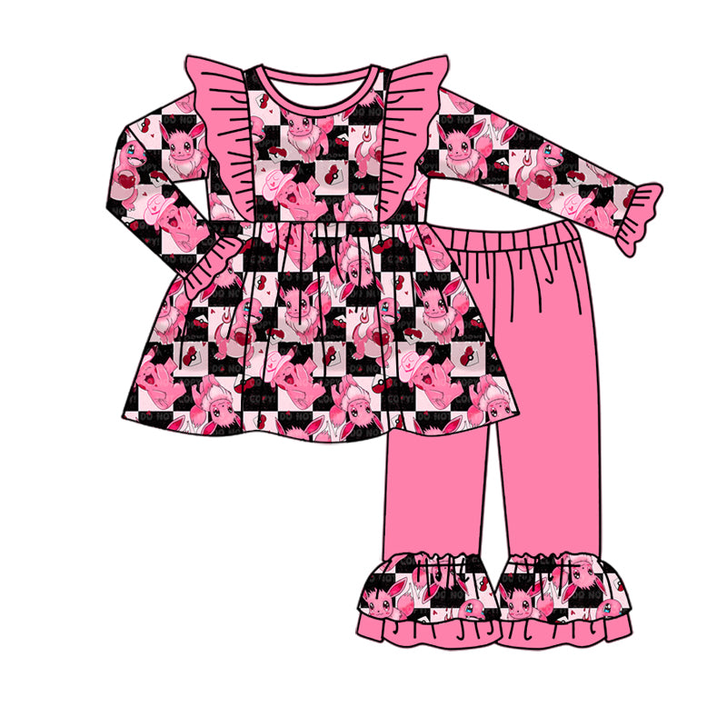 (Custom Design Preorder MOQ 5) Cartoon Animals Tunic Top Pink Pants Girls Fall Clothes Set