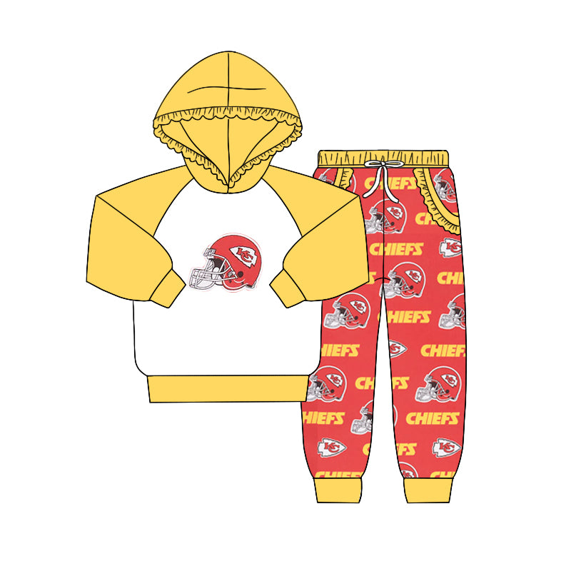 (Custom Design Preorder MOQ 5) Team's KC Yellow Hoodie Top Pockets Red Pants Girls Fall Clothes Set