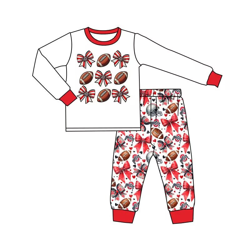 (Custom Design Preorder MOQ 5) Team's Red Bows Print Girls Clothes Set