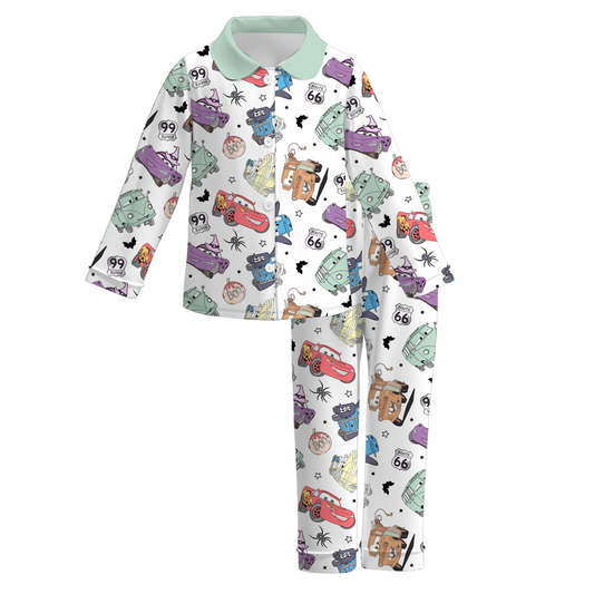 (Custom Design Preorder MOQ 5)  Cartoon Cars Pumpkin BOO Print Girls Halloween Buttons Pajamas Clothes Set