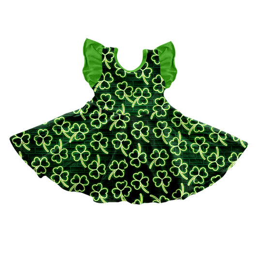 (Custom Design Preorder MOQ 5) Green Quatrefoil Print Girls Knee Length St. Patrick's Dress