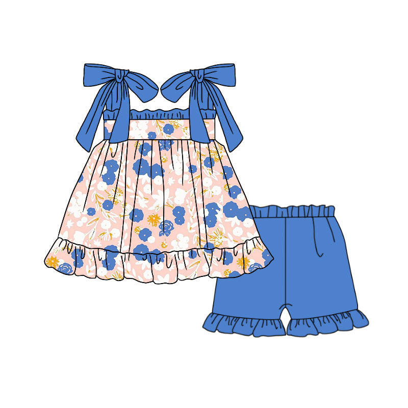 (Custom Design Preorder MOQ 5) Blue Flowers Top Ruffle Shorts Girls Summer Clothes Set