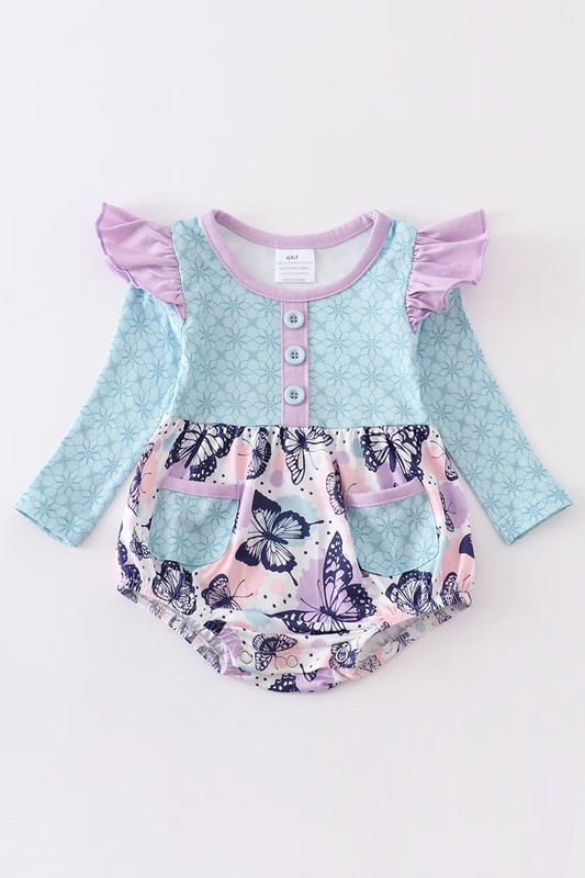 (Custom Design MOQ 5) Butterfly Violet Print Baby Girls Romper