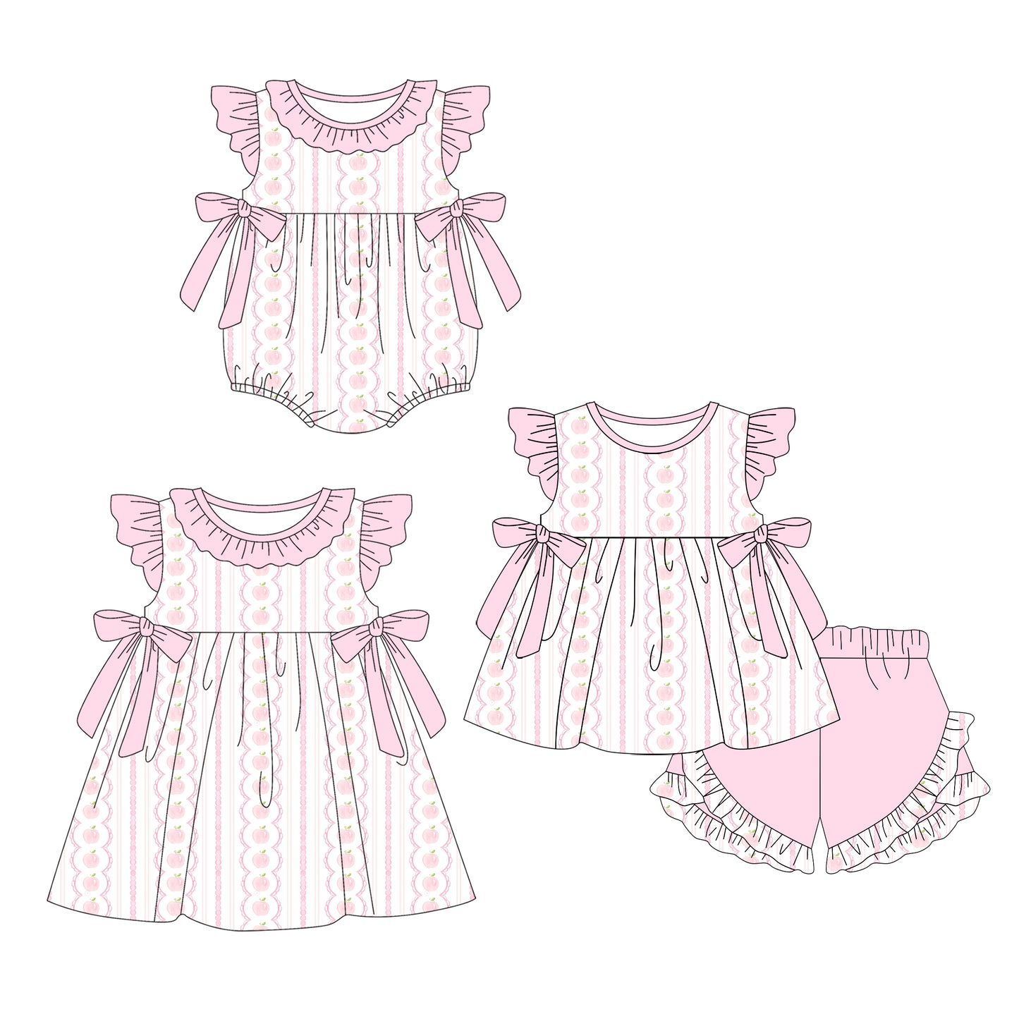 2.22(Custom Design Preorder MOQ 5 Each Design) Apple Pink Print Girls Back to School Matching Clothes Sisters Wear