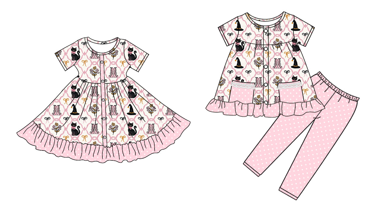 5.6(Custom Design Preorder MOQ 5 Each Design) Hat Boots Bows Cat Print Girls Halloween Matching Clothes Sisters Wear