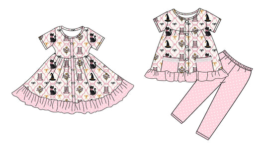 5.6(Custom Design Preorder MOQ 5 Each Design) Hat Boots Bows Cat Print Girls Halloween Matching Clothes Sisters Wear