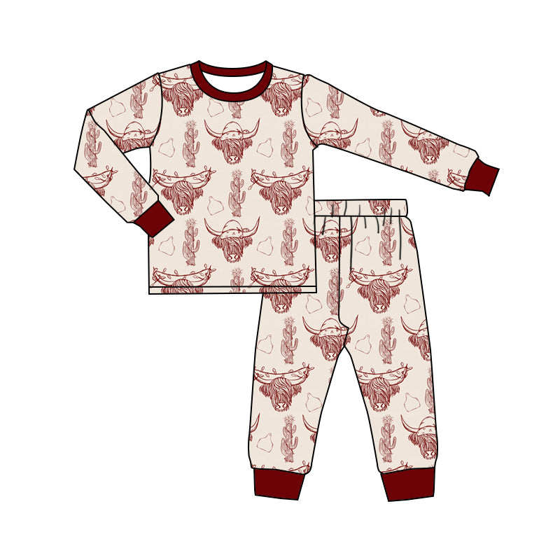 (Custom Design Preorder MOQ 5)  Highland Cow Print Boys Fall Pajamas Bamboo Clothes Set