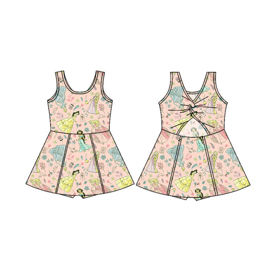 (Custom Design Preorder MOQ 5) Cartoon Princess Flowers Print Shorts Skirts Girls Summer Yoga Dress