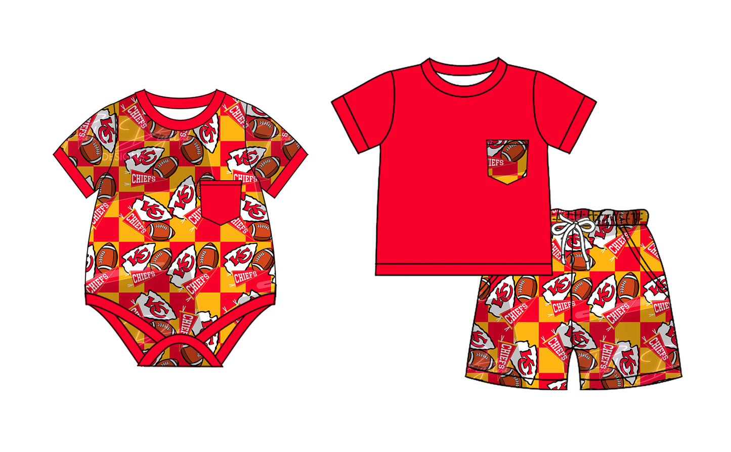 2.24(Custom Design Preorder MOQ 5 Each Design)  Team's Chiefs KC Red Plaid Print Boys Summer Matching Clothes Brothers Wear