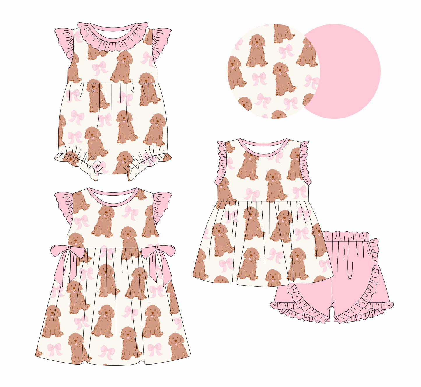 3.10(Custom Design Preorder MOQ 5 Each Design) Dog Bows Pink Print Girls Summer Matching Clothes Sisters Wear