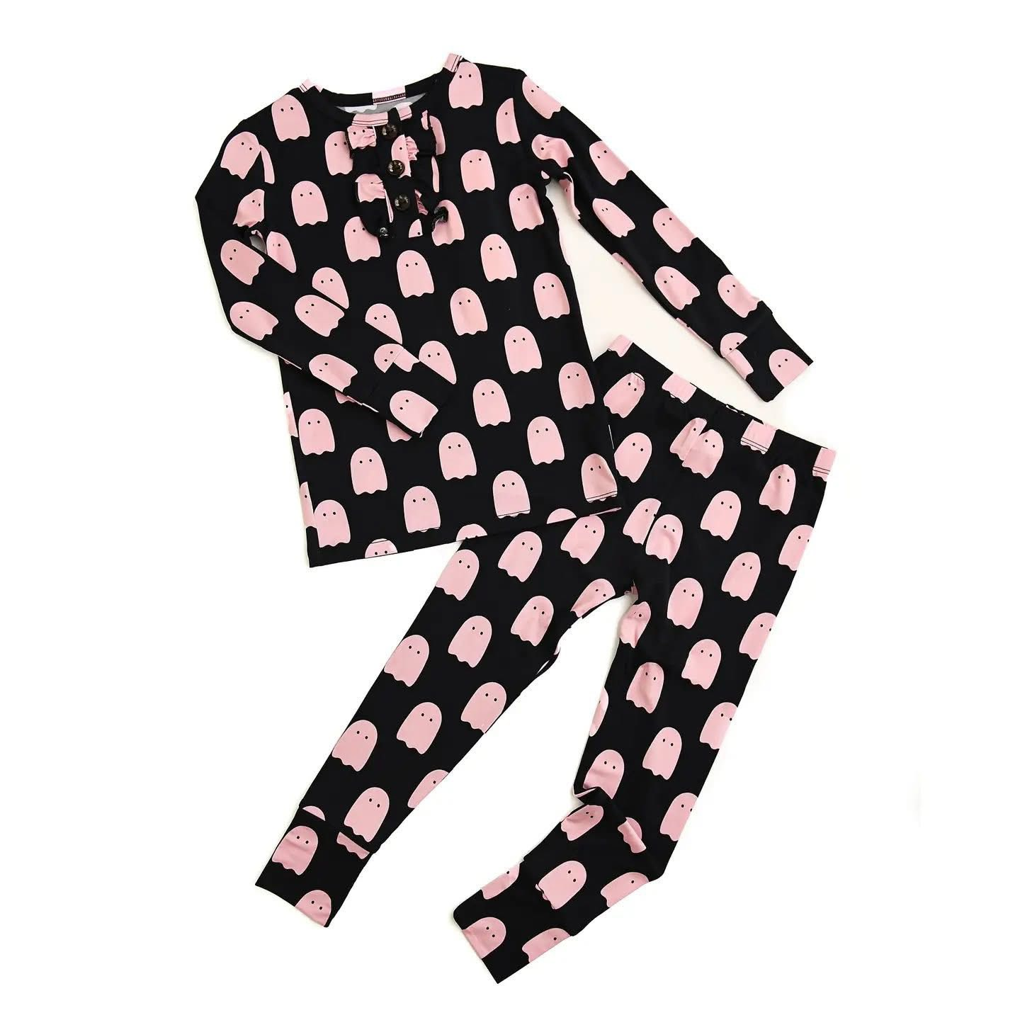 (Custom Design Preorder MOQ 5) Spooky Black Print Girls Halloween Pajamas Clothes Set