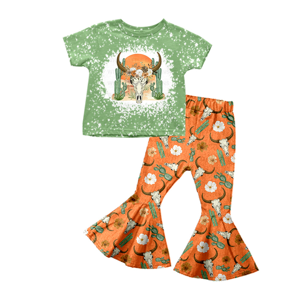 (Custom Design MOQ 5) Orange Cow Skull Flowers Print Girls Western Clothes Set