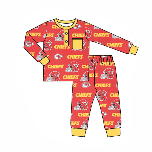 (Custom Design Preorder MOQ 5) Team's KC Yellow Red Print Pocket Boys Fall Pajamas Clothes Set