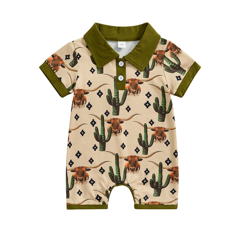 (Custom Design Preorder MOQ 5) Highland Cow Cactus Print Baby Boys Summer Romper