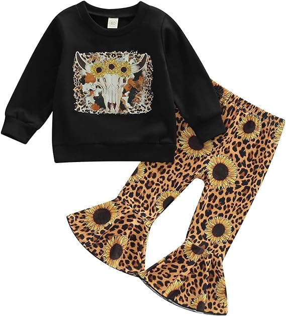 (Custom Design MOQ 5) Cow Skull Sunflowers Leopard Print Girls Bell Pants Western Clothes Set