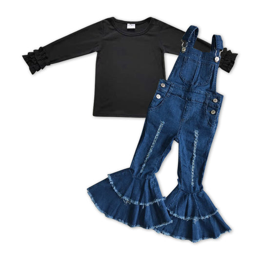 GLP1031 Black Cotton Long Sleeve Top Suspender Denim Overall Flare Bell Jumpsuit Girls Clothes Set
