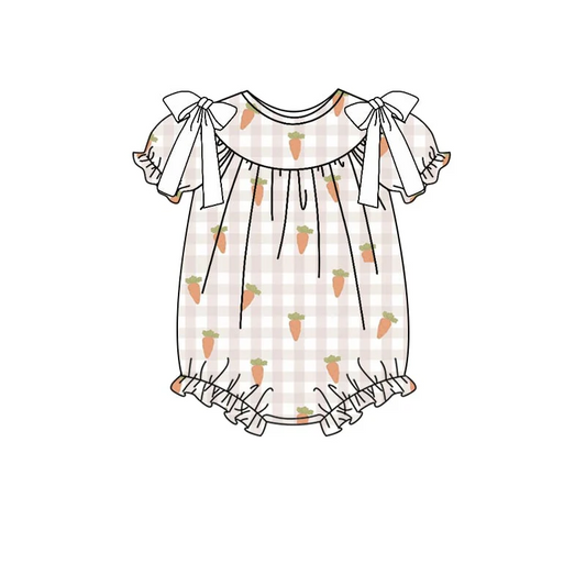 (Custom Design Preorder MOQ 5) Carrot Plaid Print Baby Girls Easter Romper
