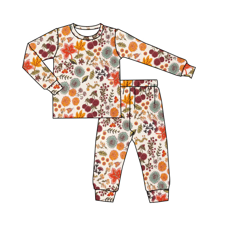 (Custom Design MOQ 5) Fall Flowers Girls Pajamas Clothes Set