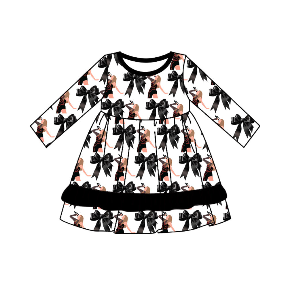 (Custom Design Preorder MOQ 5)  Singer Swiftie Bows Print Girls Knee Length Fall Dress