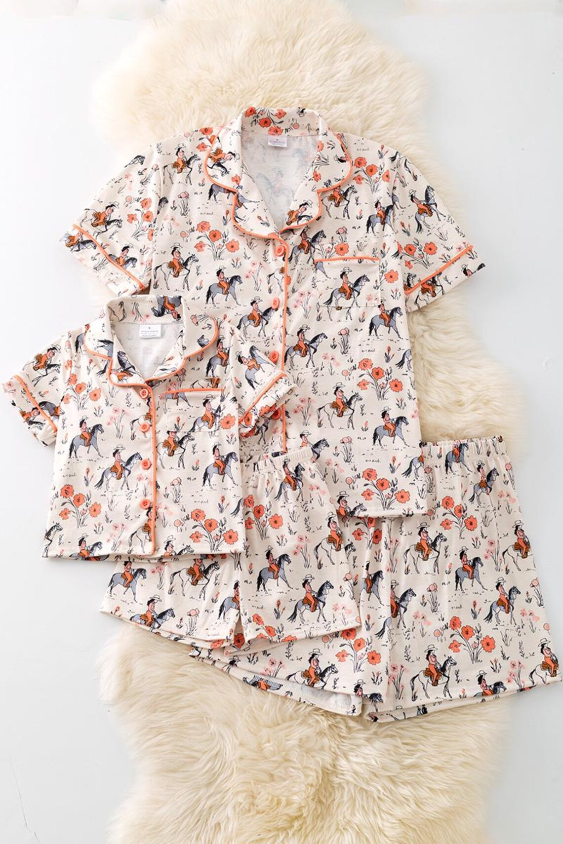 (Custom Design Preorder MOQ 5 Each Design) Cowgirl Flowers Print Summer Pajamas Outfits Mom and Me Matching Clothes