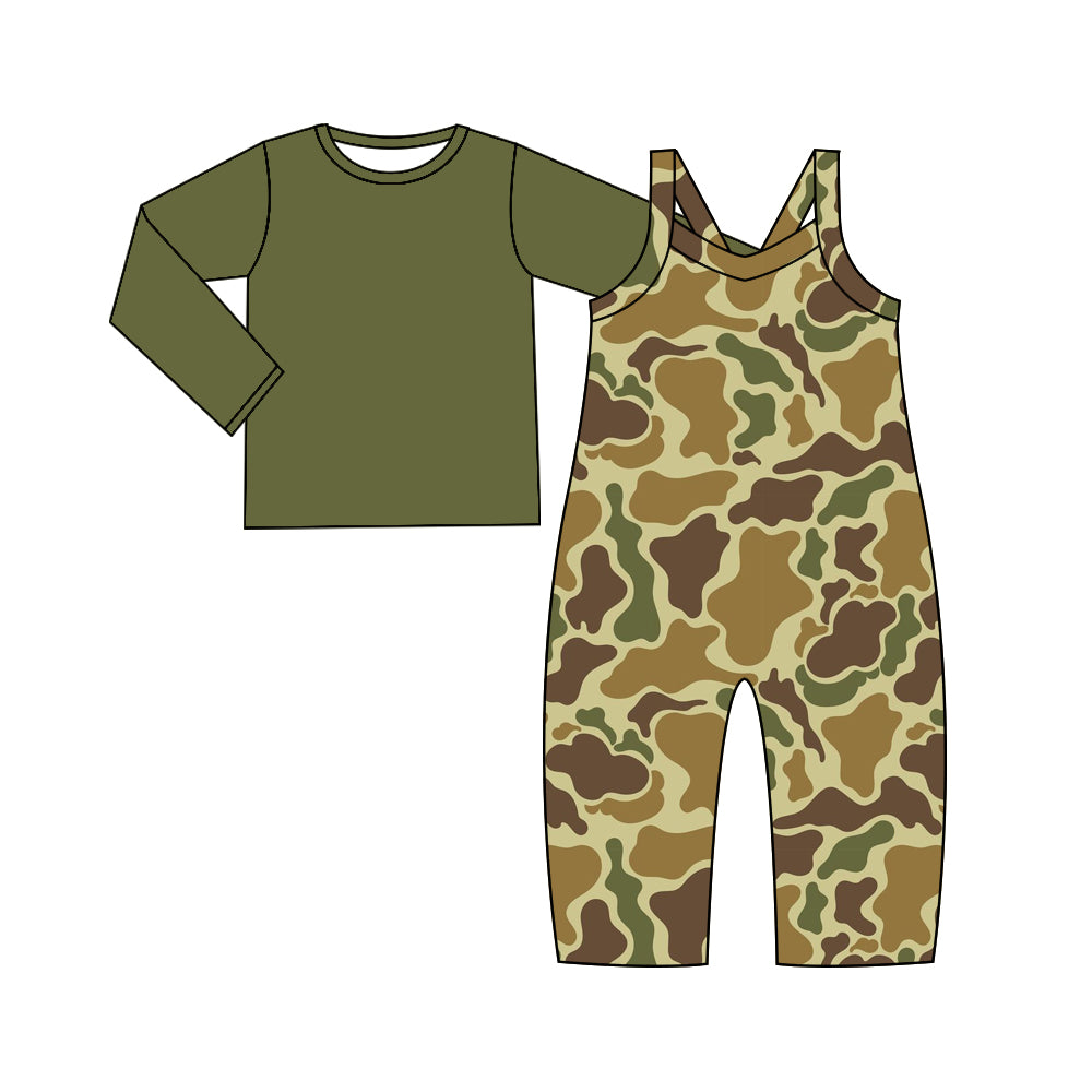 (Custom Design Preorder MOQ 5) Green Top Camo Jumpsuit Girls Fall Clothes Set