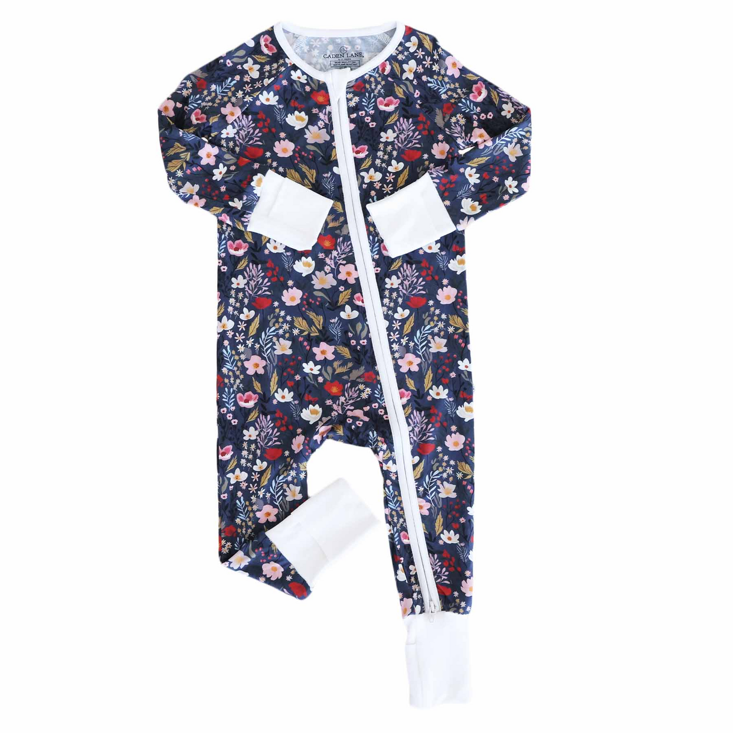 (Custom Design Preorder MOQ 5) Flowers Navy Print Baby Girls Fall Bamboo Sleeper Zipper Romper