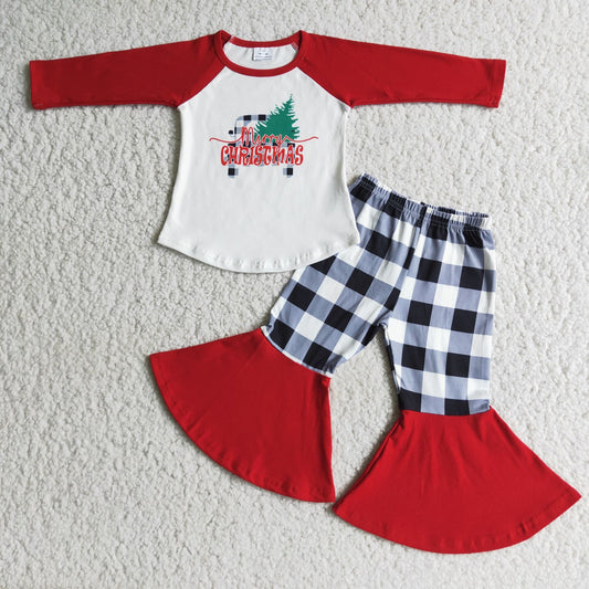 (Promotion) 6 A12-15 Merry Christmas Truck Top Bell Pants Girls Clothes Set