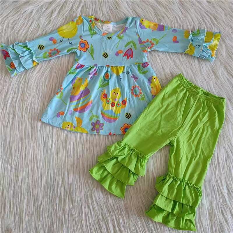 (Promotion)6 A16-11 Chickling Flowers Tunic Top Green Ruffles Pants Girls Easter Outfits