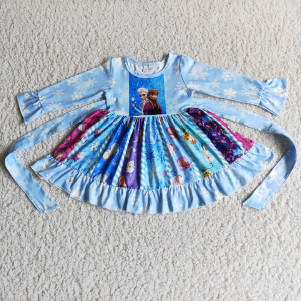 (Promotion)6 A16-14 Long sleeve blue cartoon princess twirl dresses