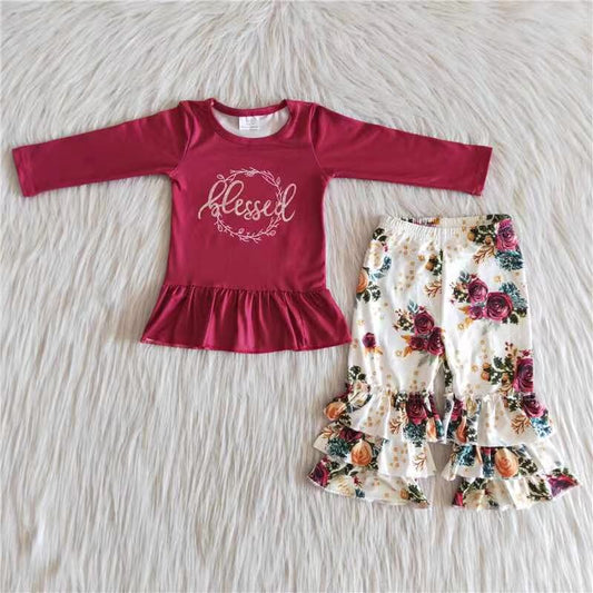 (Promotion)6 A16-28 Flowers ruffles pants girls clothes set