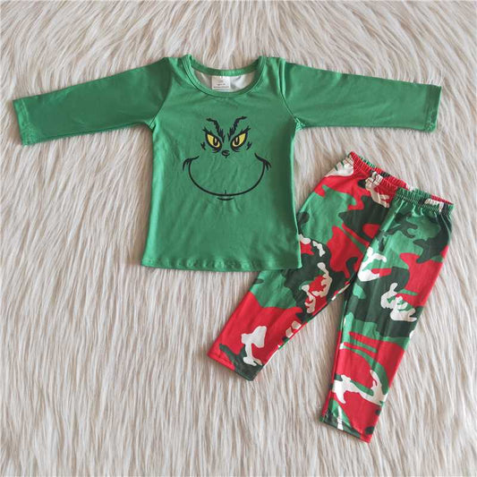 (Promotion) 6 A24-16 Green Christmas Frog Face Top Camo Pants Boys Clothes Set