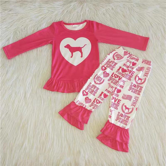 (Promotion) 6 A26-13 Love Pink Heart Dog Print Girls Outfits