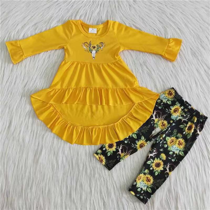 (Promotion) 6 A26-27 Bull skull vinyl yellow high low tunic top leggings kids girls clothing