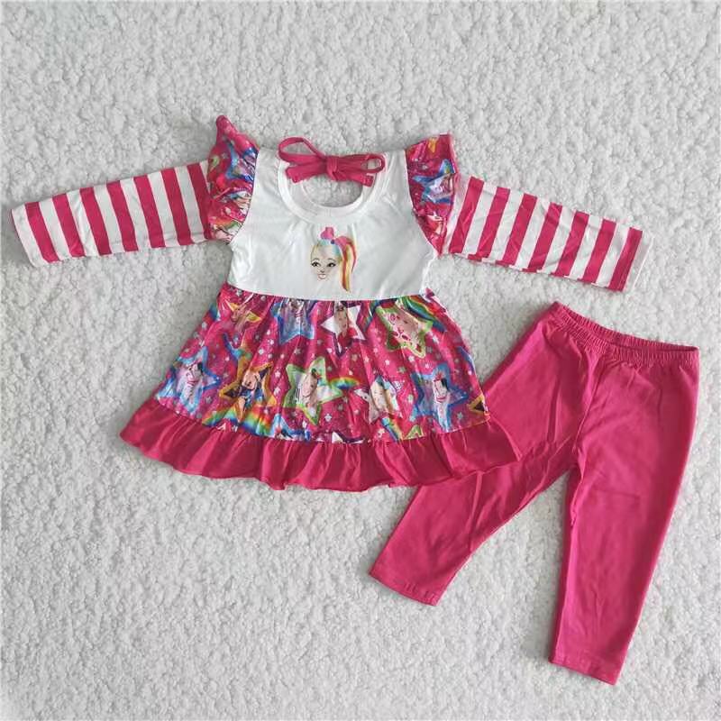 (Promotion)6 A33-3 Girls singer print hot pink legging pants clothes set