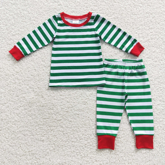 Kids long sleeved green stripes pajamas Christmas clothes set   6 A8-11