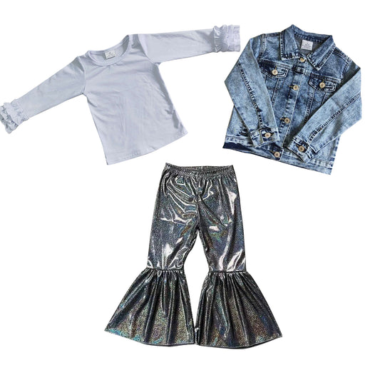GLP0768 Girls white cotton top black holographic spandex bell pants blue denim jackets fall 3 pieces clothes set