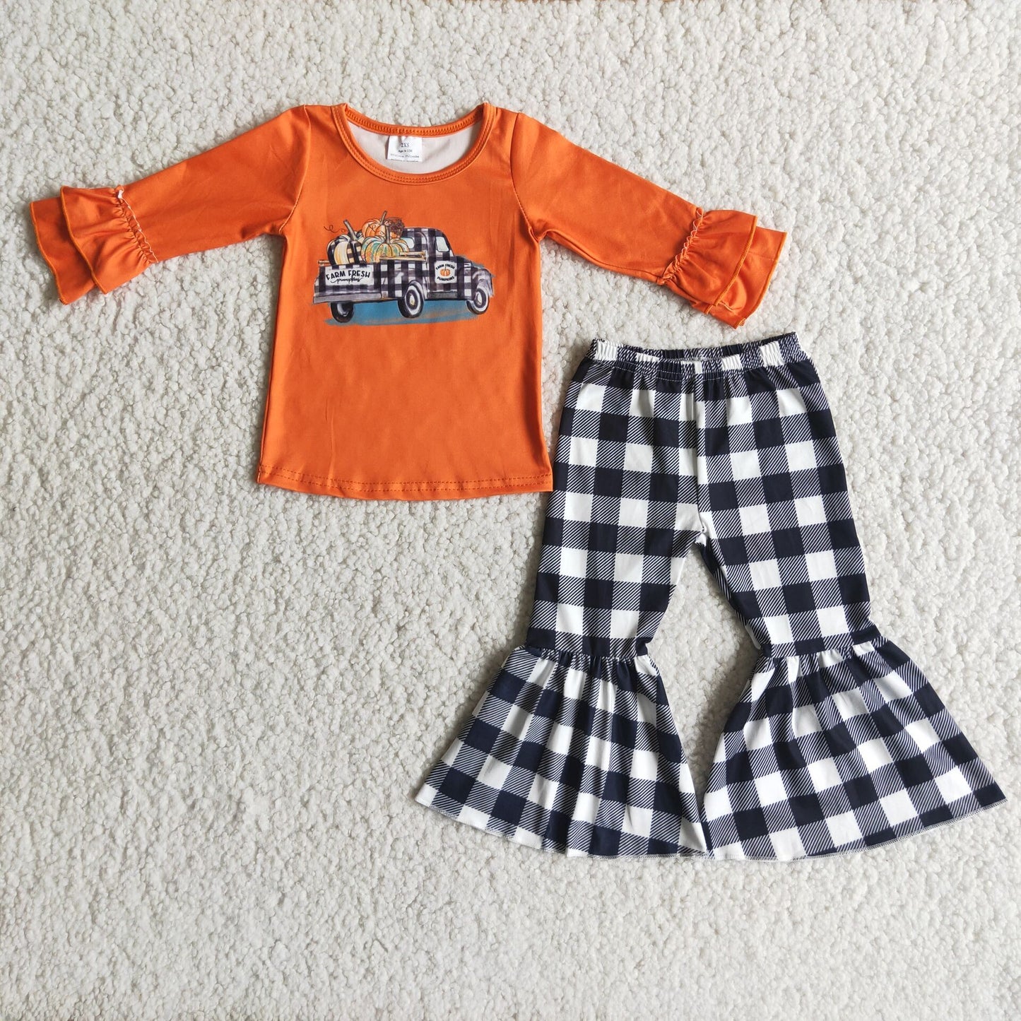 (Promotion) 6 A8-29 Orange Pumpkin Top Black Plaid Bell Pants Girls Fall Clothes Set
