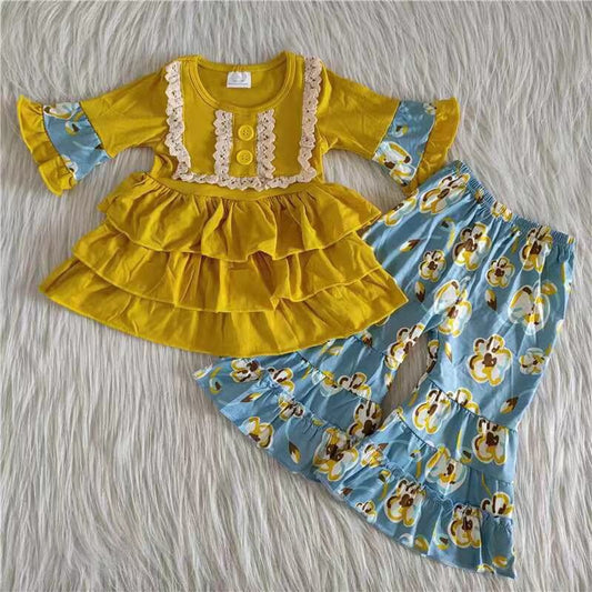 (Promotion) 6 B12-36 Mustard cotton ruffles tunic top flowers bell pants girls clothes set