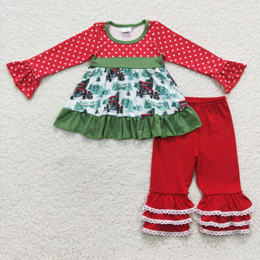 6 B5-16 Christmas tractor tree ruffle pants girls clothes set