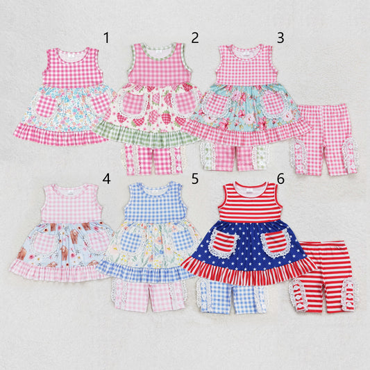 6 Colors Flowers Pockets Tunic Top Ruffle Shorts Girls Summer Clothes Sisters Wear