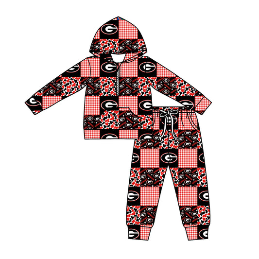 (Custom Design Preorder MOQ 5) Team's Georgia Plaid Print Zipper Hoodie Top Pockets Pants Kids Fall Clothes Set