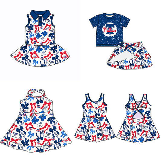 (Custom Design Preorder MOQ 5 Each Color) Team's PHILLIES Bows Print Girls Summer Clothes Sisters Matching Wear