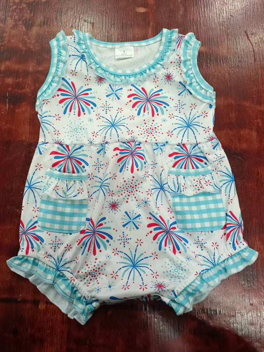 (Custom Design Preorder MOQ 5) Fireworks Print Baby Girls 4th of July Pocket Romper